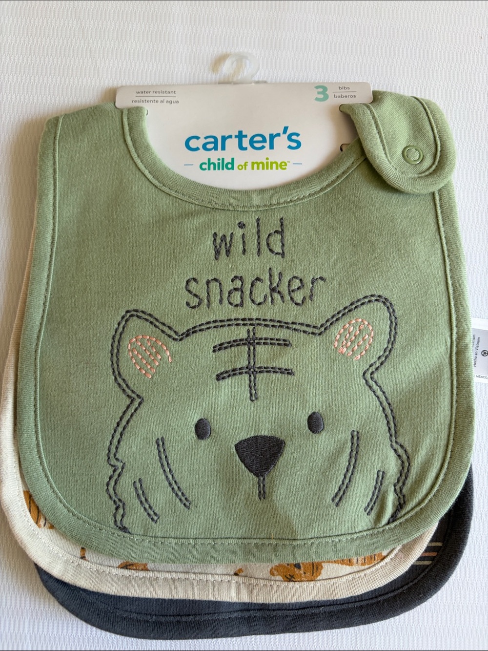 carter's Olive Green 'Wild Snacker' Tiger Bib Set (3) NIP